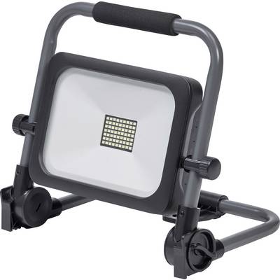 Przenośny reflektor LED ze składaną podstawą, z siatką świateł LED w centrum, ustawiony na neutralnym tle.