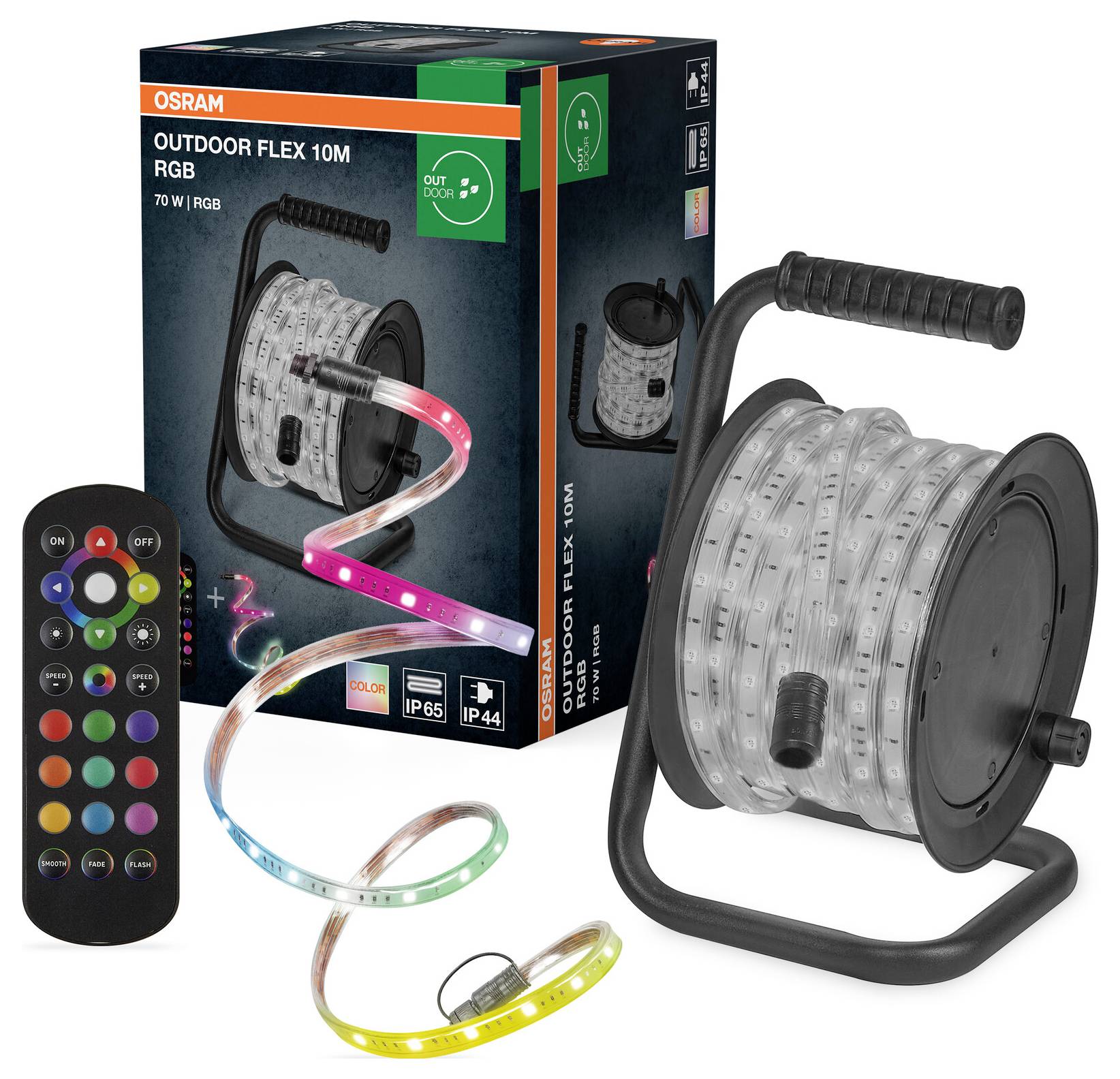 Pasek świetlny Osram Outdoor Flex 10M RGB na rolce z pilotem zdalnego sterowania, przedstawiony w opakowaniu, podkreślający wszechstronność oświetlenia zewnętrznego.