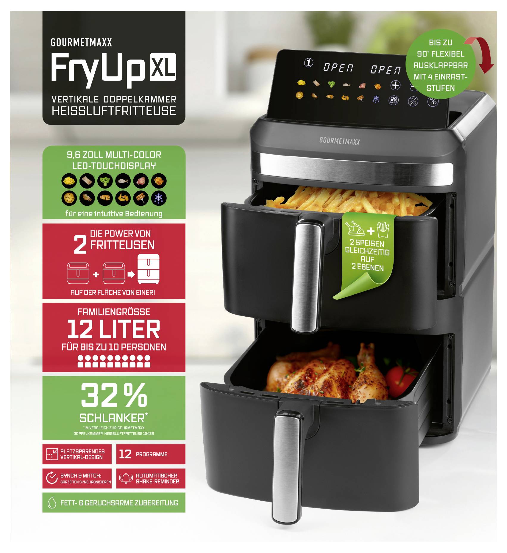 Grafika reklamowa frytownicy GOURMETMAXX FryUp XL z szufladami, wyświetlaczem dotykowym i zaletami produktu: 12 litrów, 2 poziomy, 32% smuklejsza, 2 koszyki do smażenia, 12 programów.