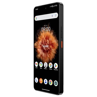 Smukły czarny smartfon z żywą pomarańczową tapetą w kształcie wybuchu, na ekranie wyświetlającym ikony aplikacji: Gmail, Mapy, Zdjęcia, Sklep Play i inne.