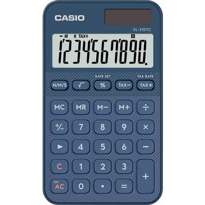 Niebieski kalkulator Casio model 'SL-310YC' wyświetlający cyfry '1234567890' na swoim ekranie, z standardowymi przyciskami funkcyjnymi poniżej.