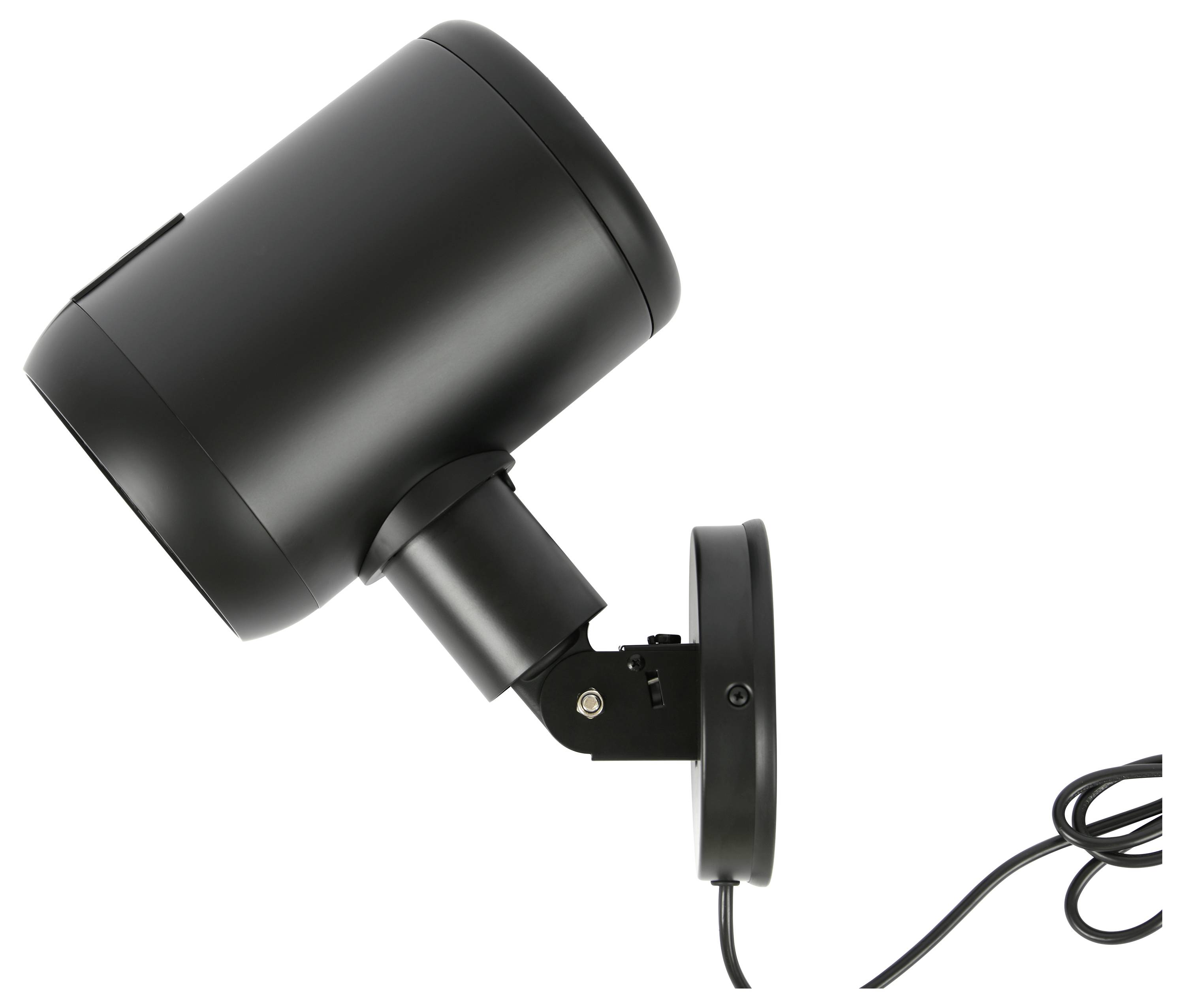 Czarny zewnętrzny kinkiet ścienny z regulowanym kloszem i widocznym przewodem zasilającym.