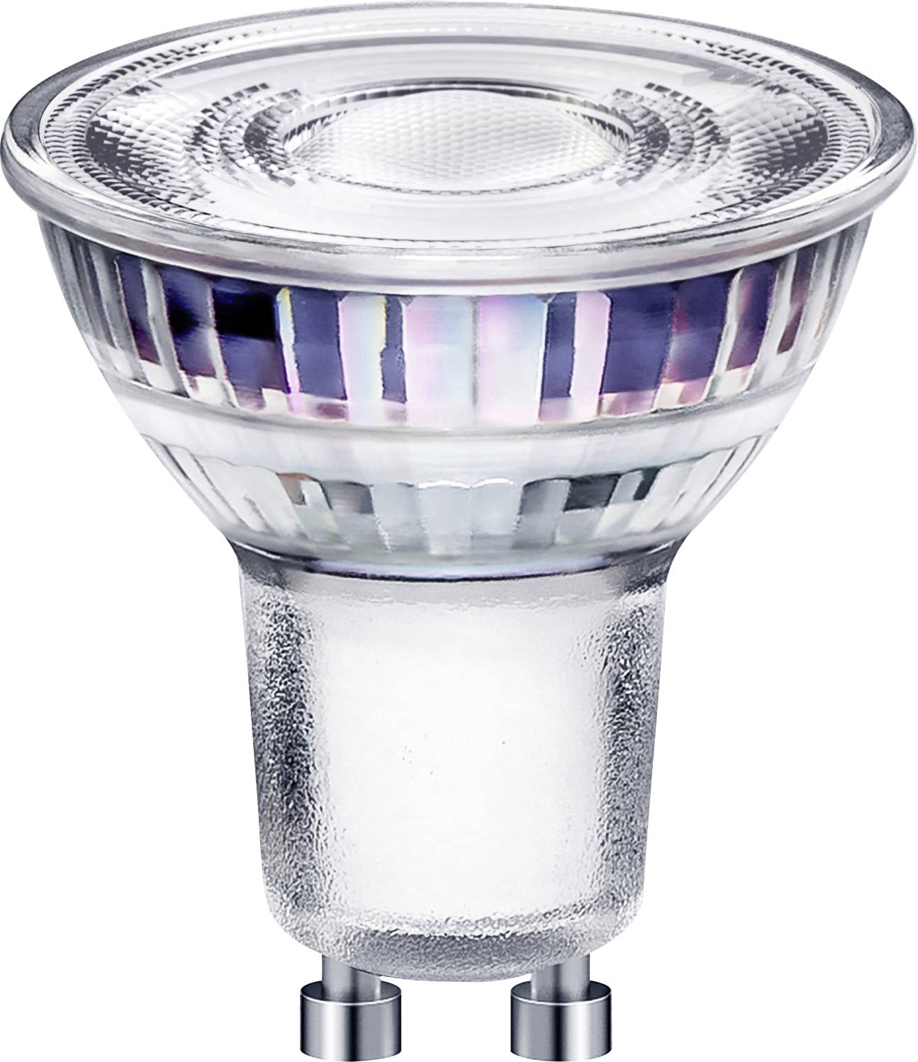 Zbliżeniowy obraz żarówki LED GU10 ze szklanym reflektorem i metalową podstawą, używanej do energooszczędnego oświetlenia w reflektorach lub oświetleniu wpuszczanym.