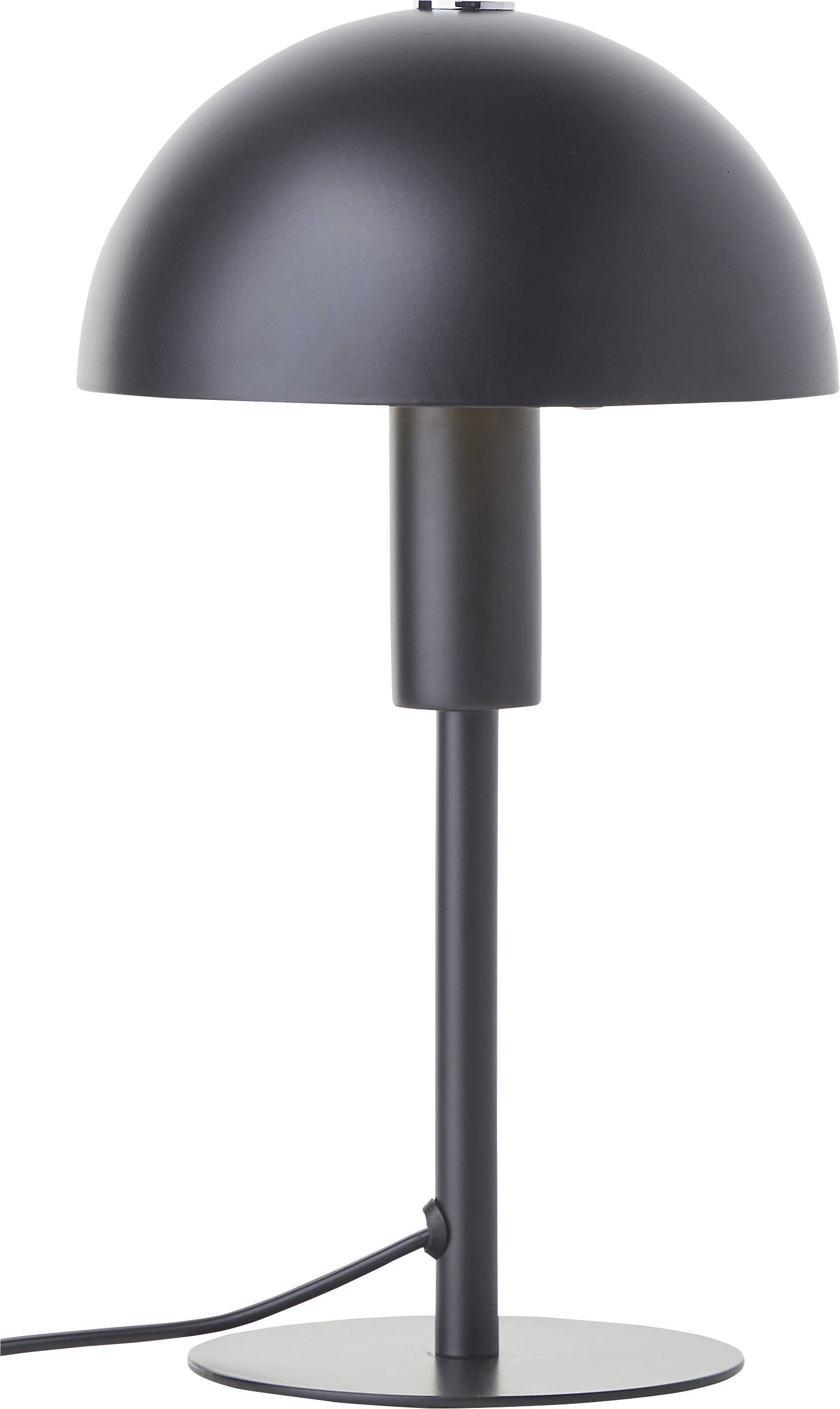 Nowoczesna czarna lampa stołowa z kloszem w kształcie kopuły i smukłą podstawą, stojąca pionowo.