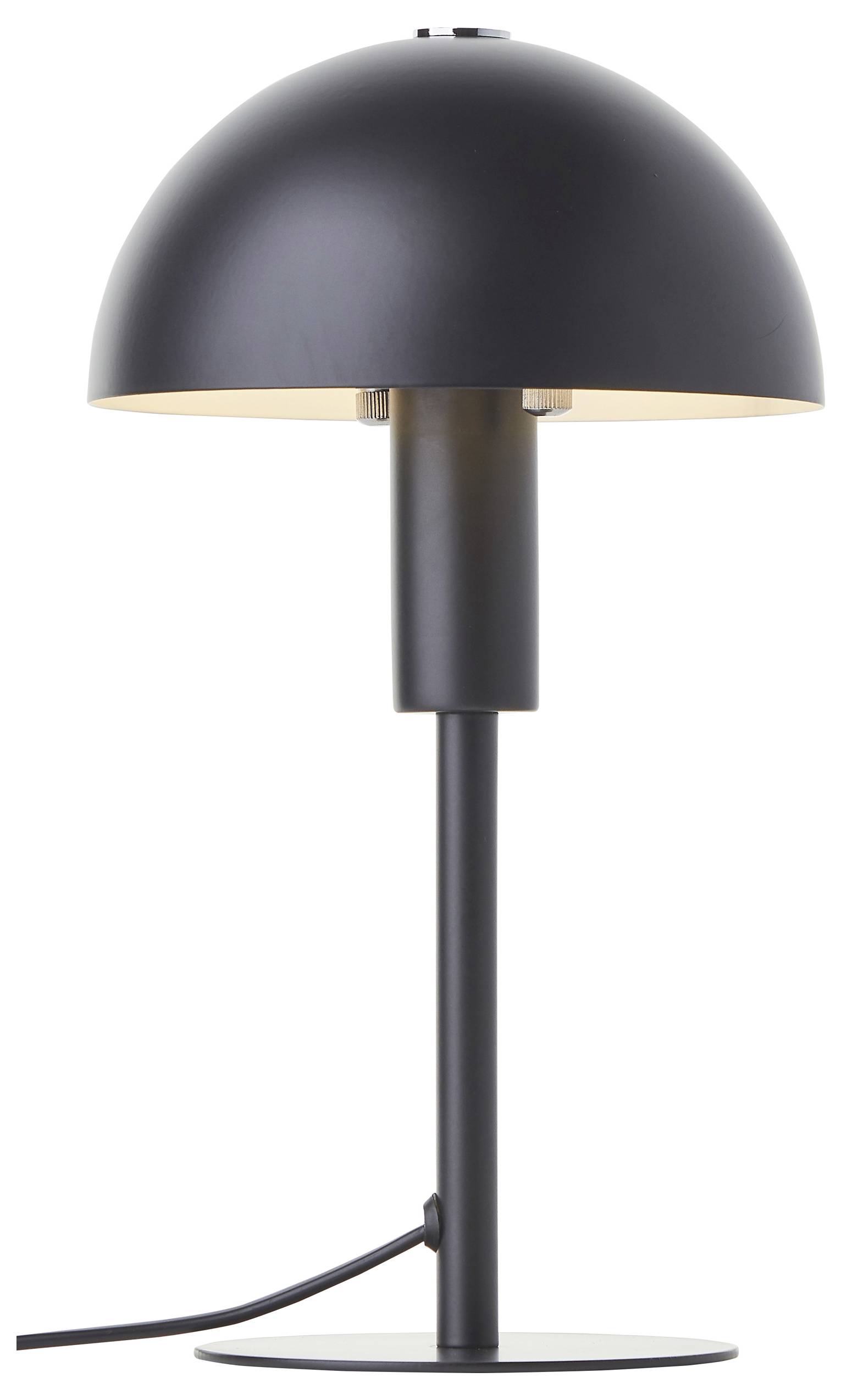 Nowoczesna czarna lampa stołowa z kloszem w kształcie kopuły i smukłą podstawą na okrągłej podstawce.