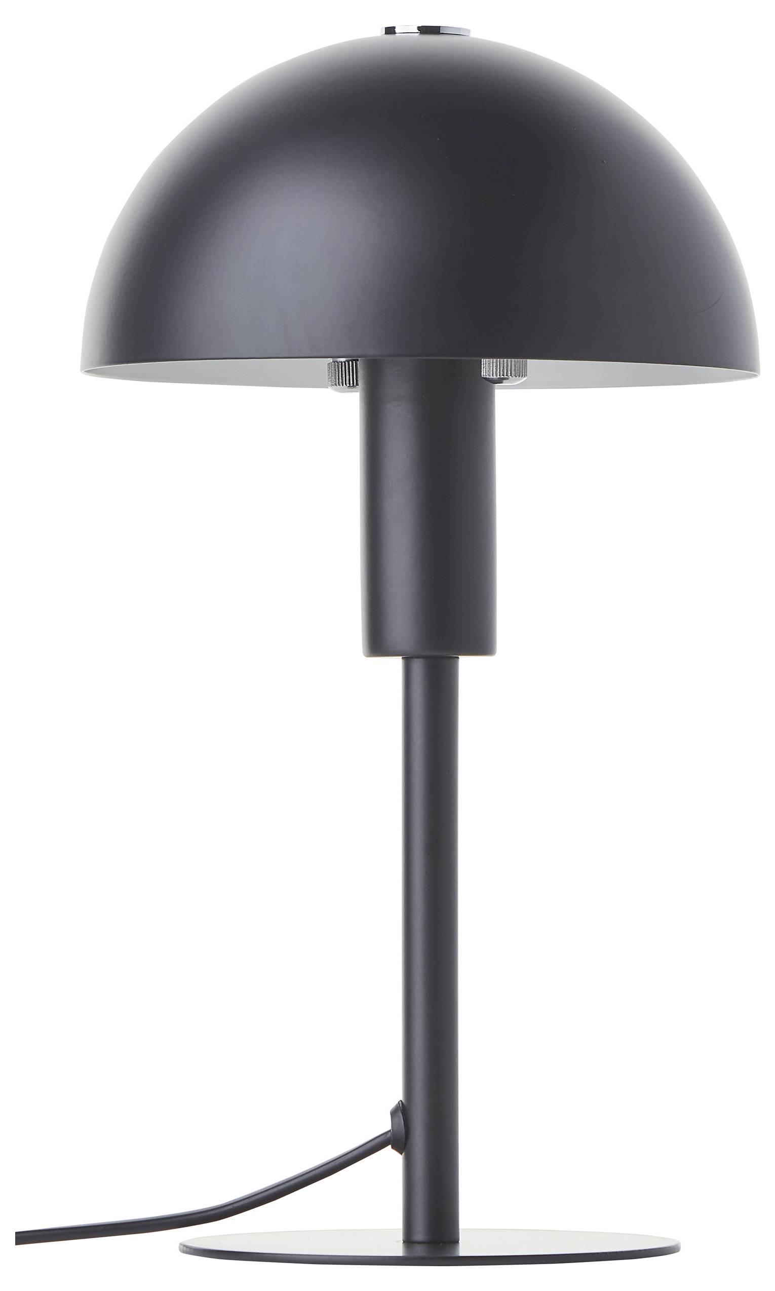 Czarna nowoczesna lampa stołowa z kloszem w kształcie kopuły, smukłą cylindryczną podstawą i przewodem zasilającym wyprowadzonym od dołu.