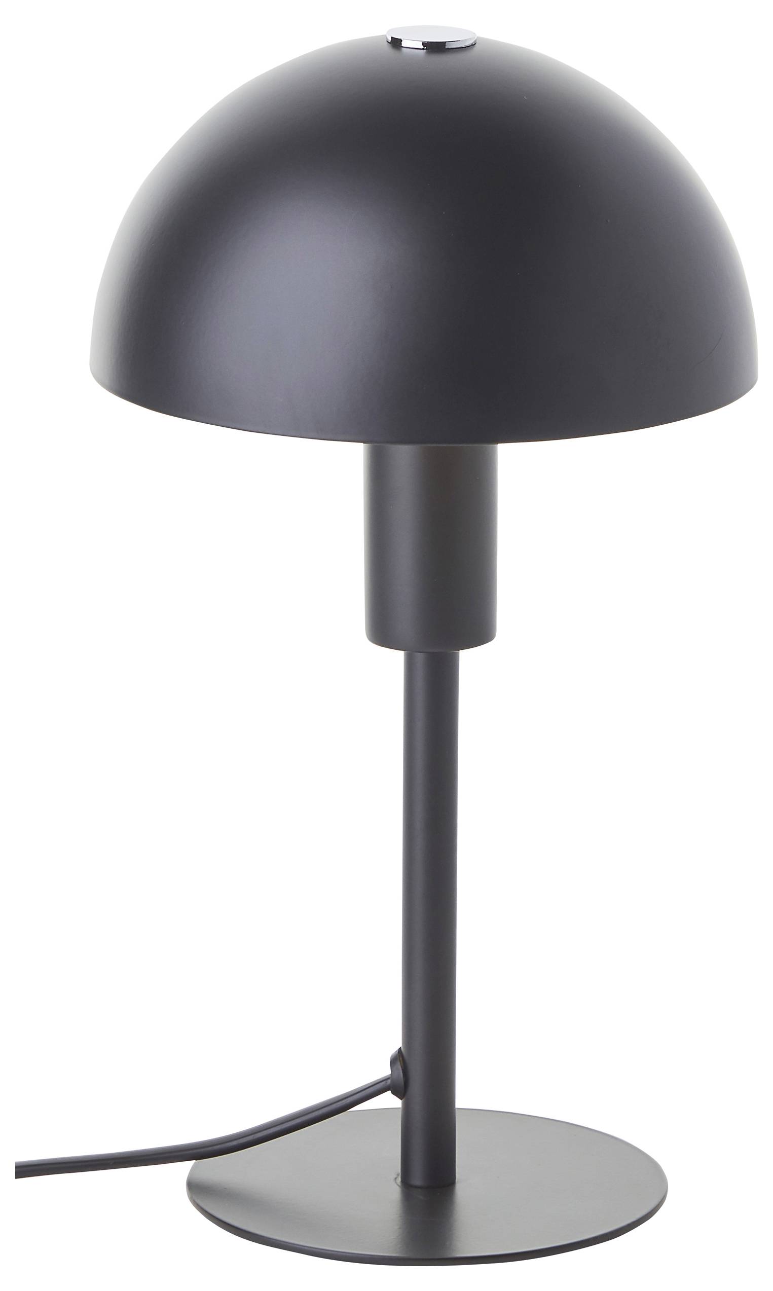 Nowoczesna czarna lampa stołowa z kloszem w kształcie kopuły i cylindryczną podstawą, stojąca na okrągłej platformie.