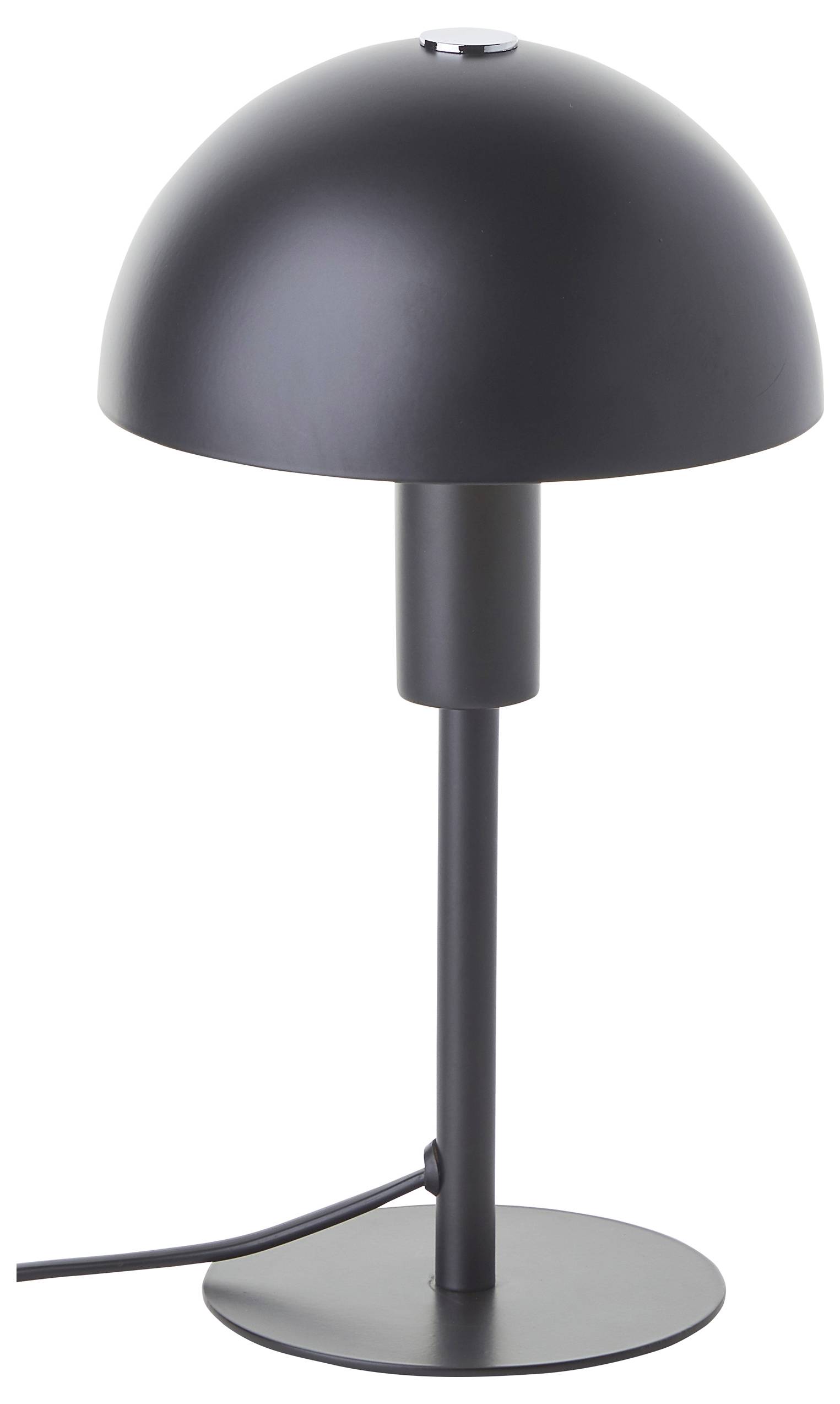 Smukła czarna lampa stołowa z kloszem w kształcie kopuły na wąskiej podstawie, podłączona do przewodu zasilającego, przeznaczona do nowoczesnych wnętrz.