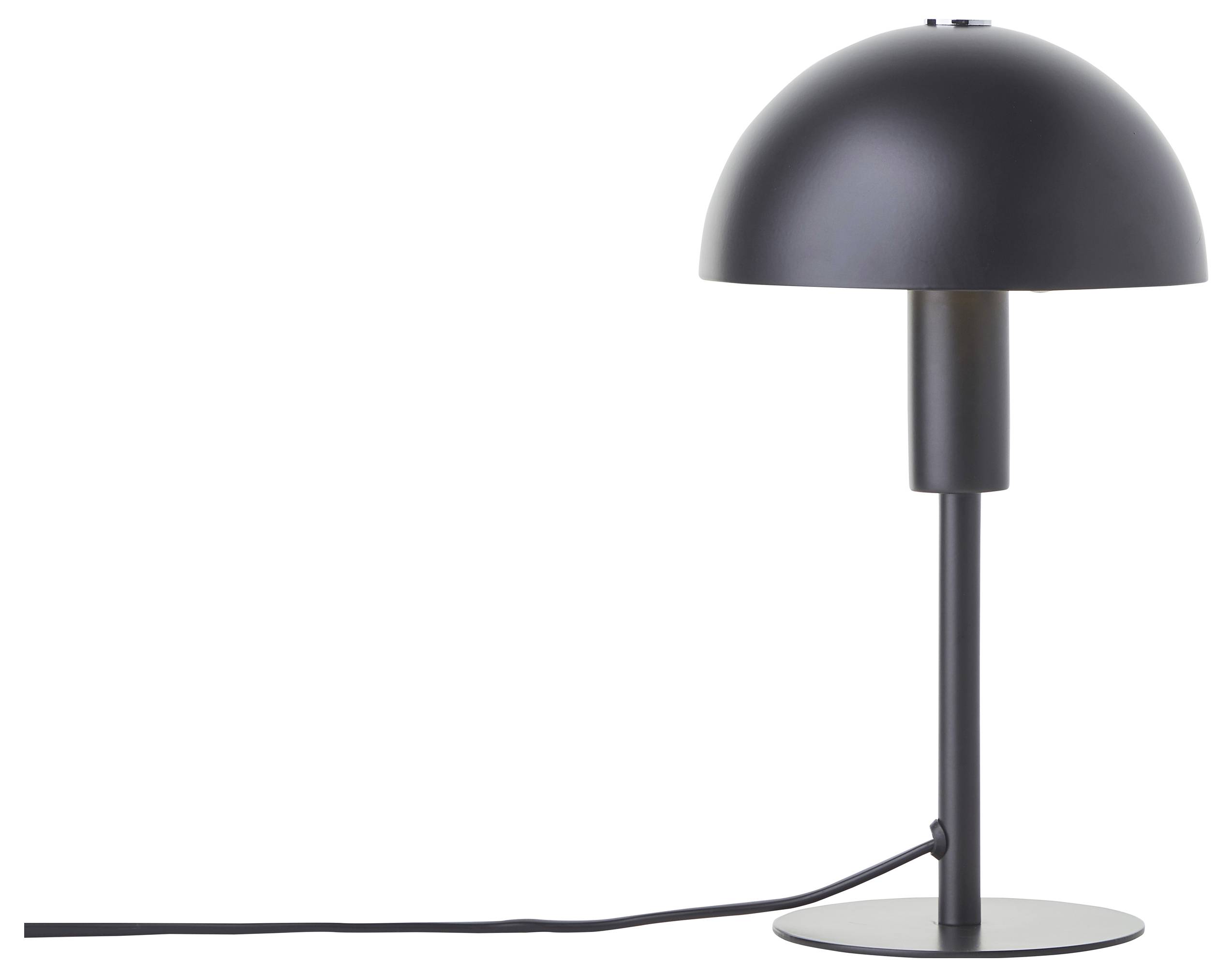 Nowoczesna czarna lampa stołowa z kloszem w kształcie kopuły, stojąca na okrągłej podstawie. Z podstawy po lewej stronie widać wystający przewód.
