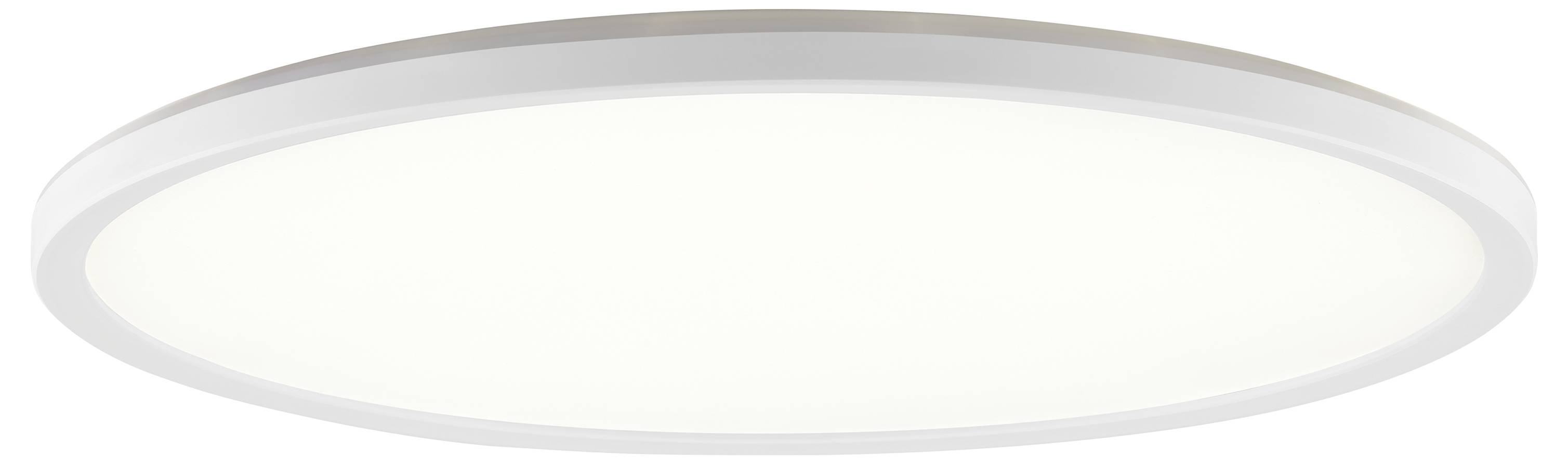 Okrągła, biała lampa sufitowa o prostym, minimalistycznym designie, odpowiednia do nowoczesnych wnętrz.