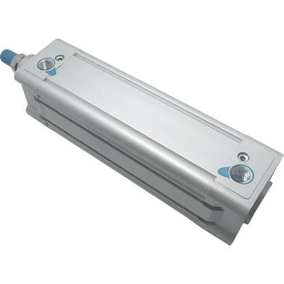 Metalowy prostokątny pneumatyczny cylinder z hydraulicznymi złączami na każdym końcu, wyposażony w niebieskie akcenty i gładkie wykończenie powierzchni.