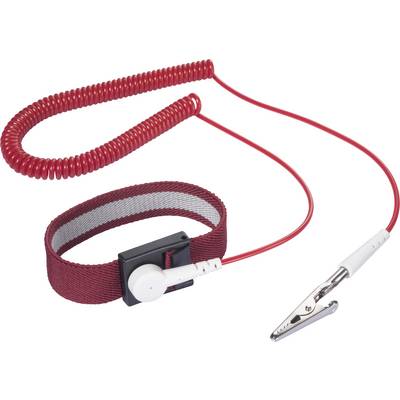 Czerwona opaska antystatyczna na nadgarstek z zawinięcie kabel i klipem krokodylem, używana do uziemienia w celu zapobiegania uszkodzeniom spowodowanym energią statyczną na elementach elektronicznych.