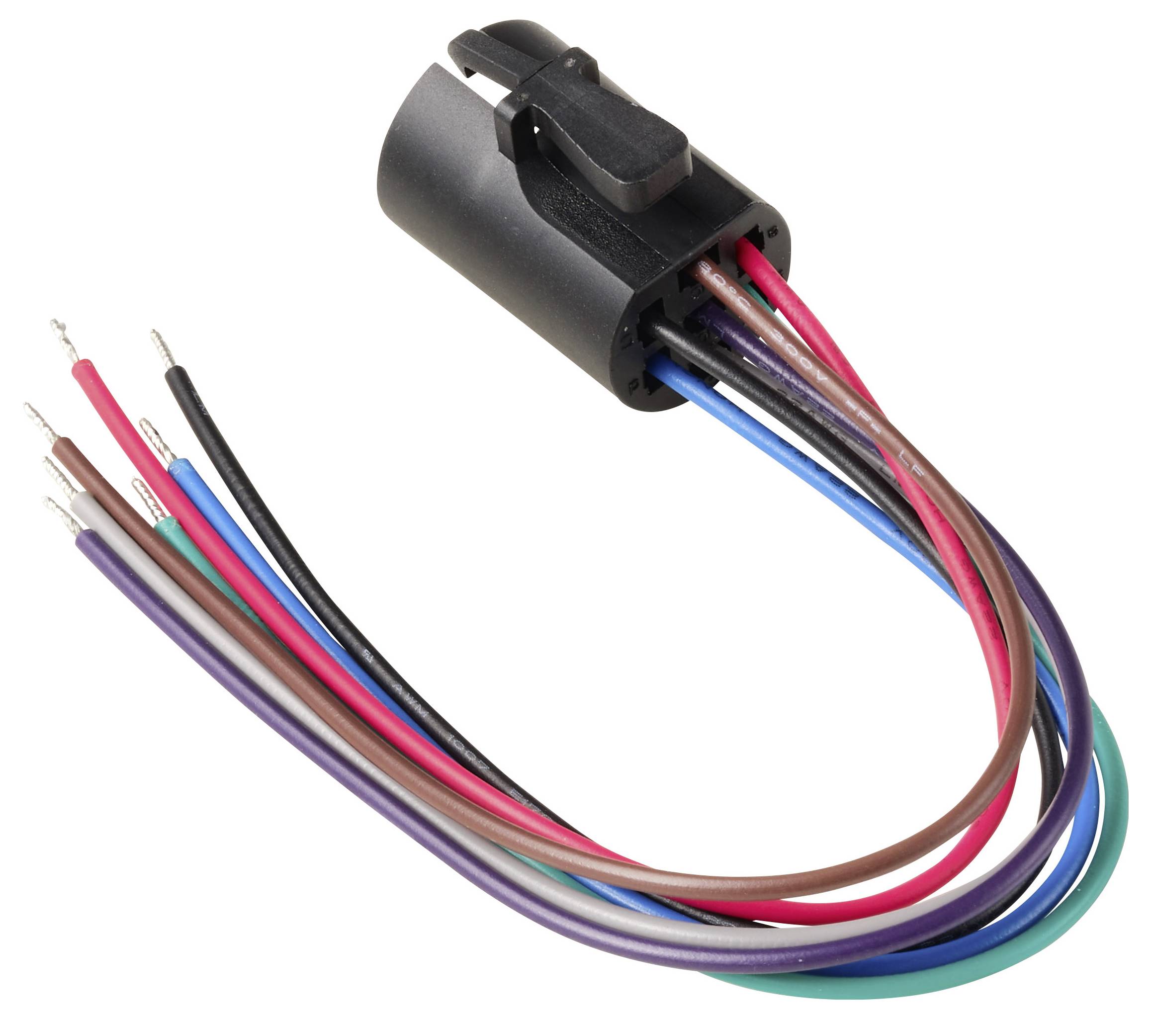 Wiązka przewodów z czarną obudową złącza i sześcioma kolorowymi przewodami: czerwonym, czarnym, niebieskim, zielonym, brązowym i purpurowym, każdy zakończony metalowymi końcówkami.