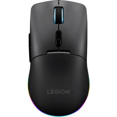 Czarna mysz do gier z oświetleniem RGB wokół podstawy, z logo "LEGION". Posiada kółko przewijania i przyciski boczne.