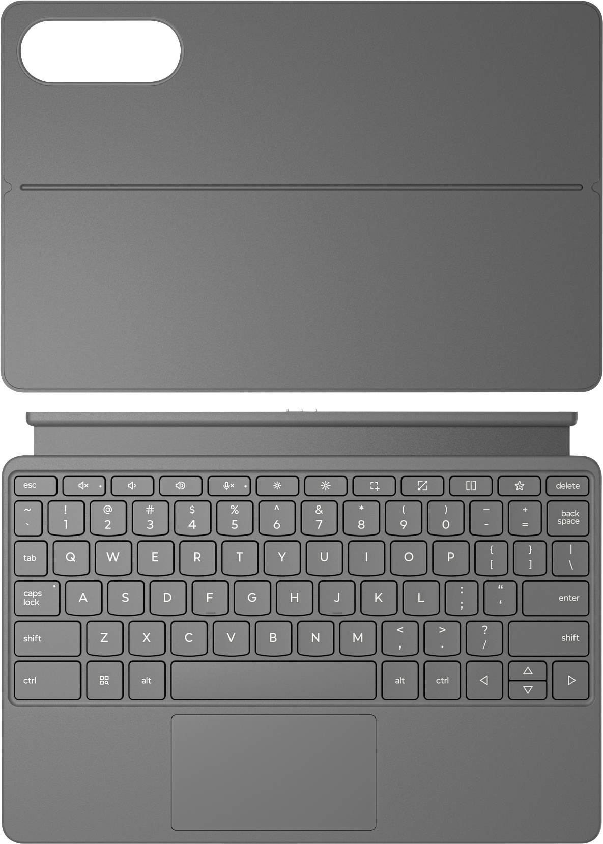 Szara obudowa klawiatury do tabletu z pełnym układem QWERTY i touchpadem poniżej. Zaprojektowana do kompatybilności z różnymi urządzeniami.
