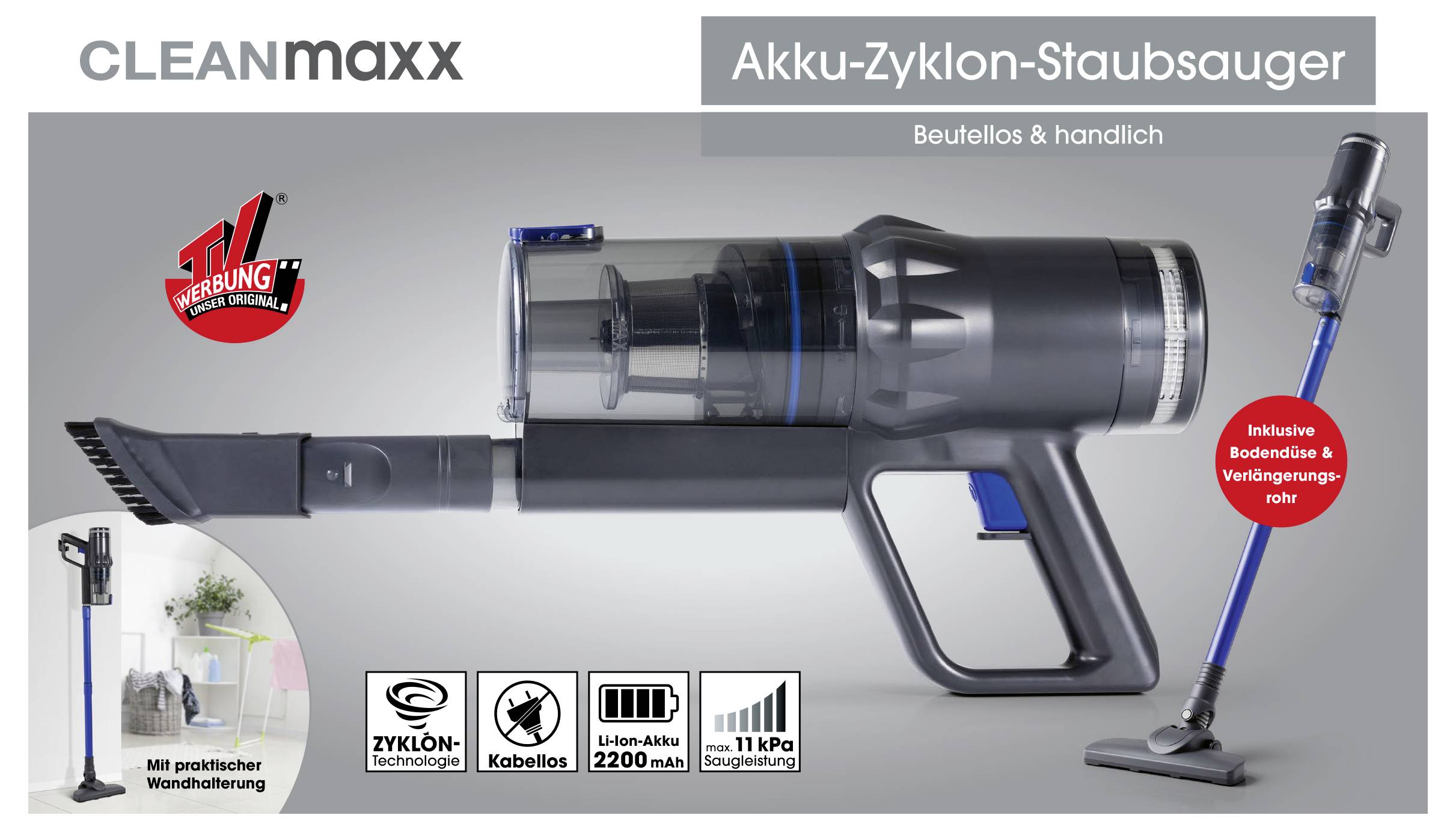Akumulatorowy odkurzacz cyklonowy marki Cleanmaxx. Bezworekowy i poręczny. Zawiera przewód podłogowy i rurę przedłużającą. Wraz z uchwytem ściennym.