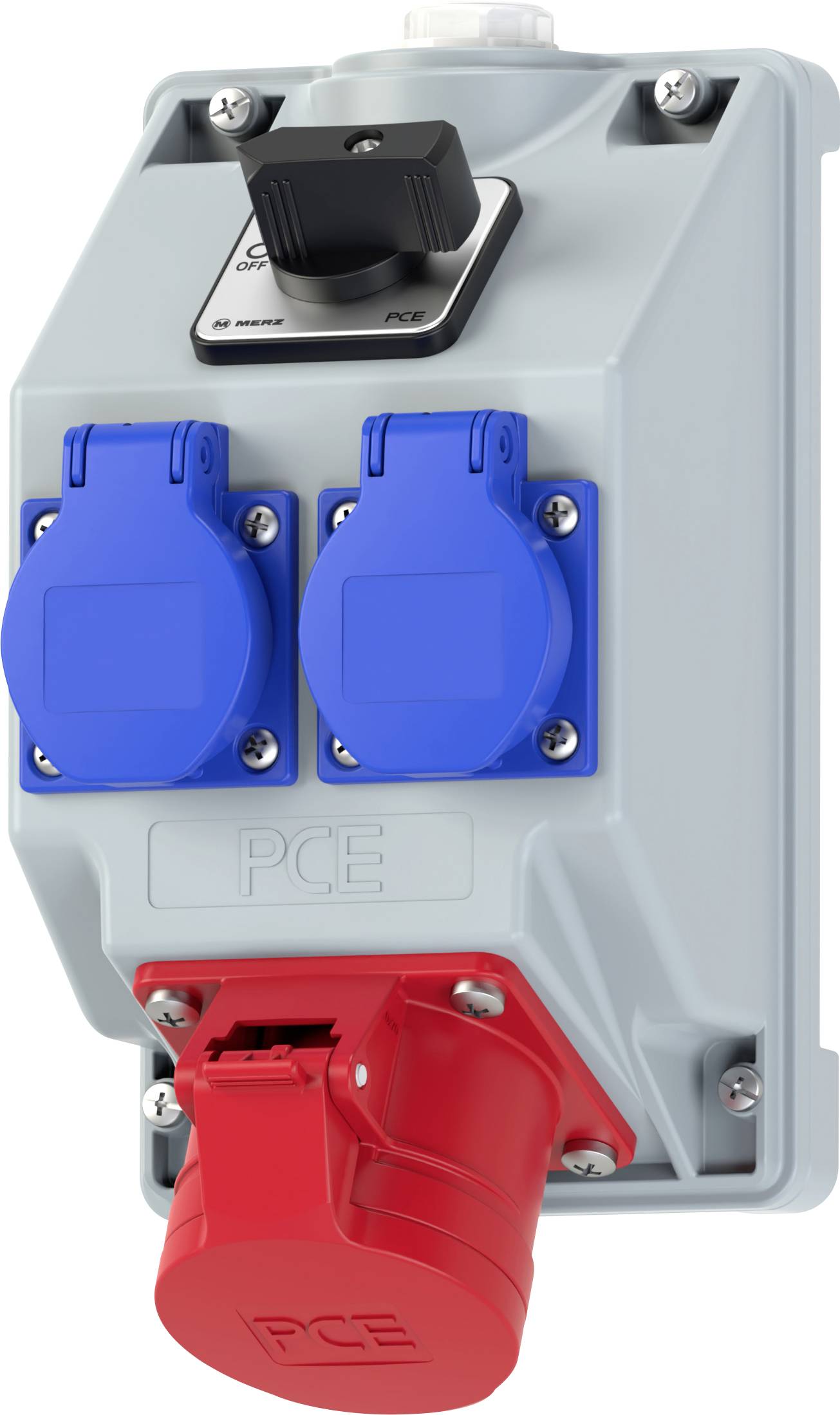 Panelowy gniazdo elektryczne przemysłowe z dwoma niebieskimi gniazdami i jednym czerwonym, oznaczony PCE. Posiada czarny przełącznik do kontroli pracy.