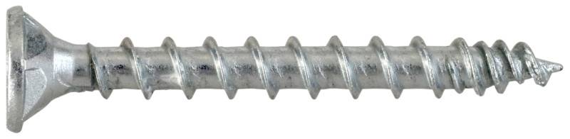 Pojedynczy srebrny wkręt wpuszczany z ostrym końcem i szerokiej płaskiej główką, pokazany na białym tle.