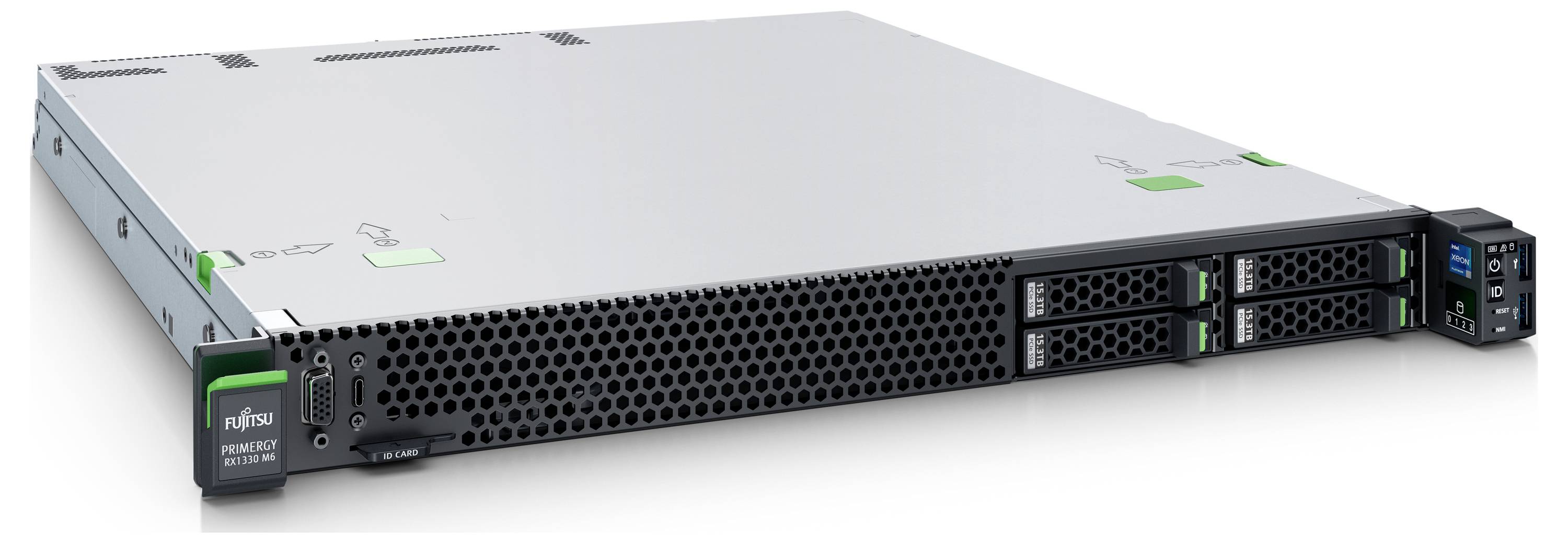 Elegancki, nowoczesny serwer z metalową obudową i wieloma przednimi złączami dysków, zaprojektowany do wydajnych obliczeń i przechowywania danych.