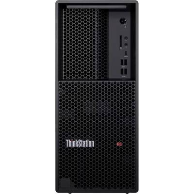 Czarny komputer stacjonarny Lenovo ThinkStation P3 z panelem frontowym wyposażonym w porty USB, złącze słuchawkowe, przycisk zasilania i konstrukcję siatkową.