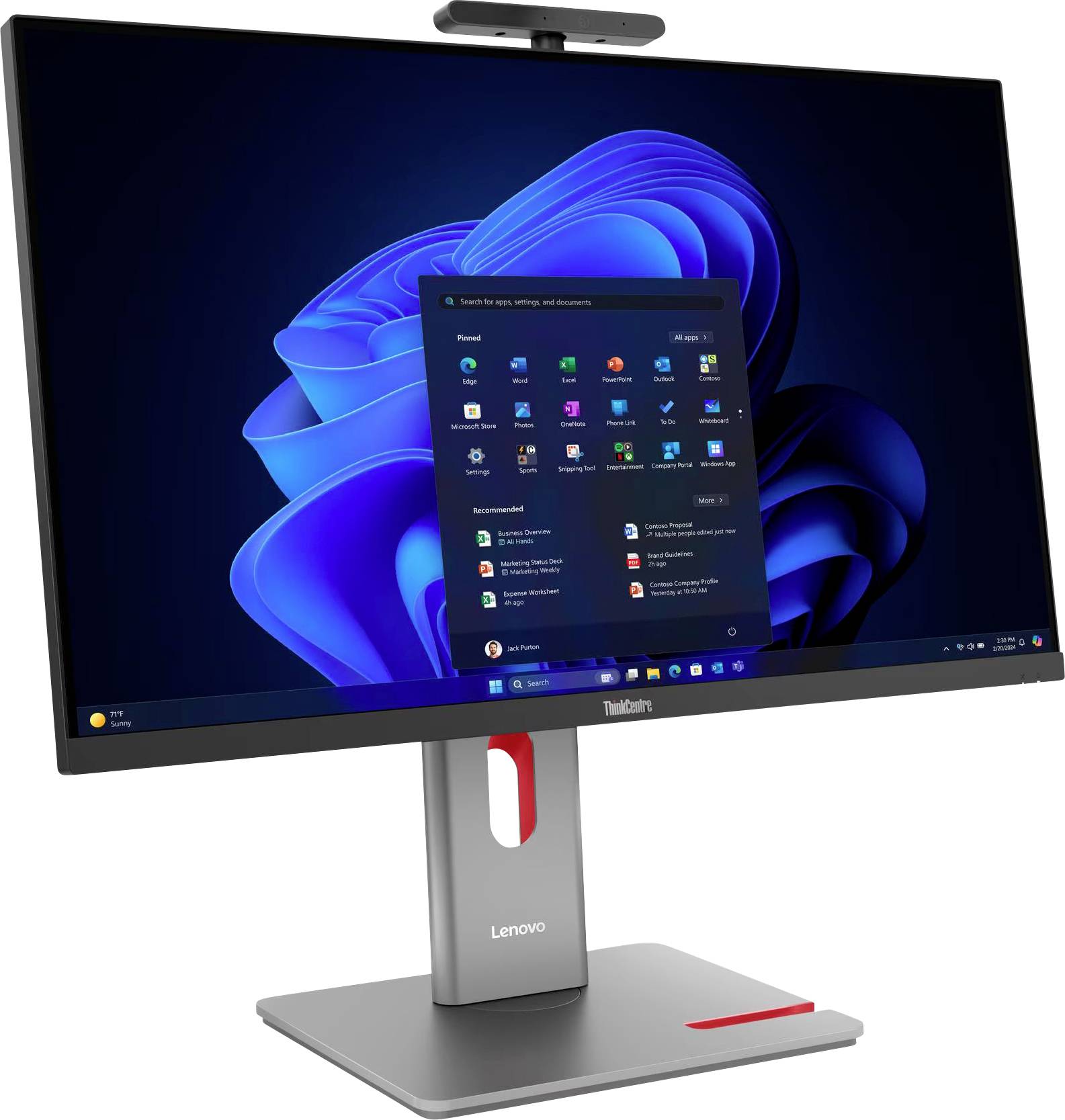 Monitor komputerowy Lenovo wyświetlający system operacyjny Windows z otwartym menu Start, pokazujący różne aplikacje i ustawienia.