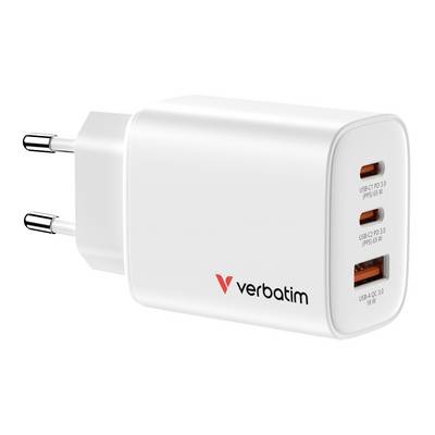 Biała ładowarka sieciowa Verbatim z dwoma wtyczkami i trzema portami: dwa USB-C i jeden USB-A, pokazana w widoku produktu.