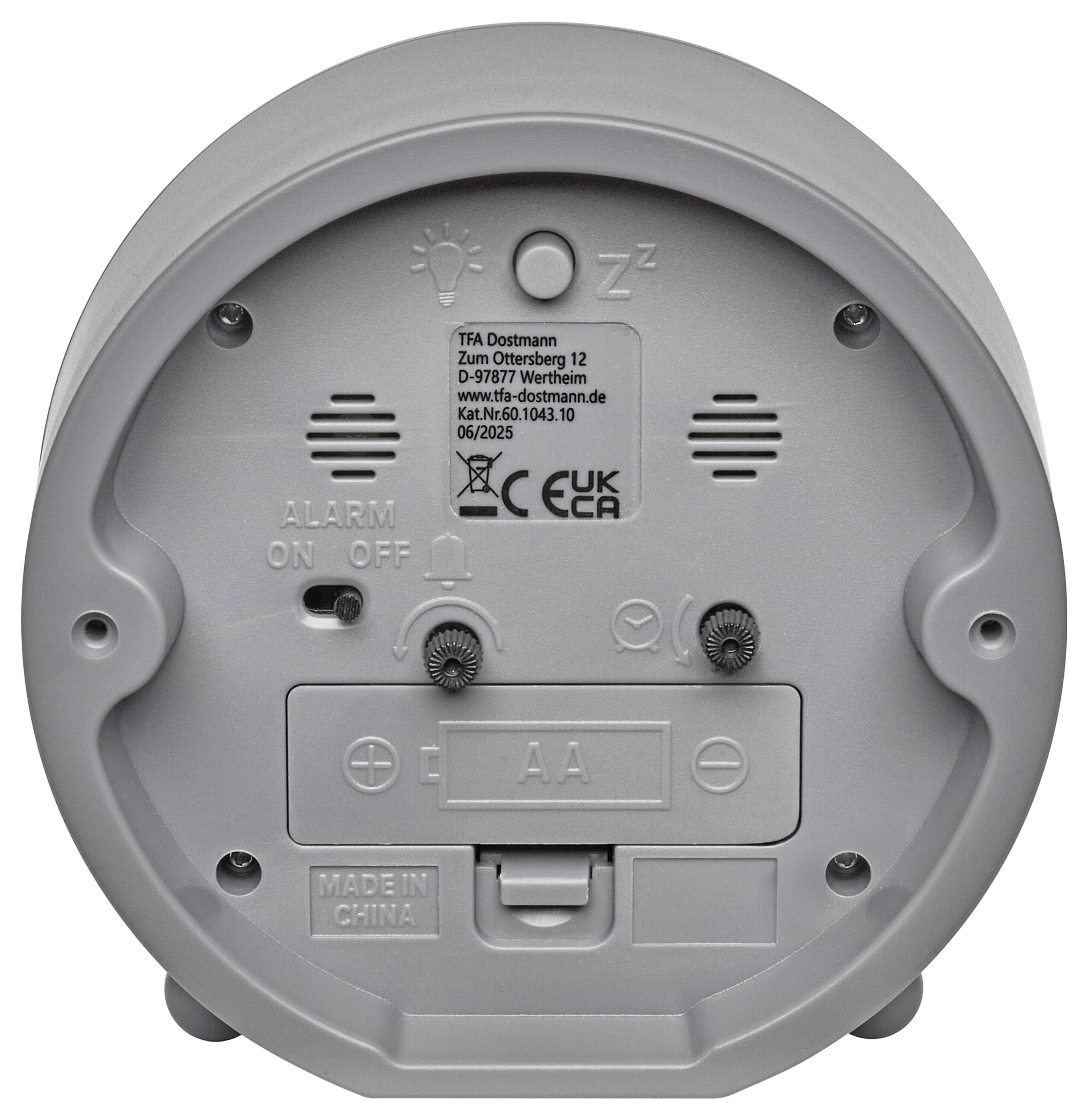 Кварцовий будильник TFA Dostmann 60.1043.10 сірого кольору. Кількість будильників: 1. Тиха робота механізму.