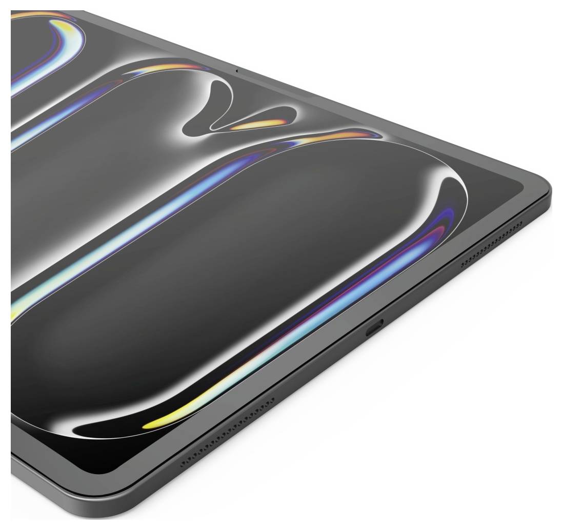 Elegancki, nowoczesny tablet z refleksyjnym ekranem wyświetlającym kolorowe paski światła, sugerujący zaawansowaną technologię wyświetlania i stylowy design.