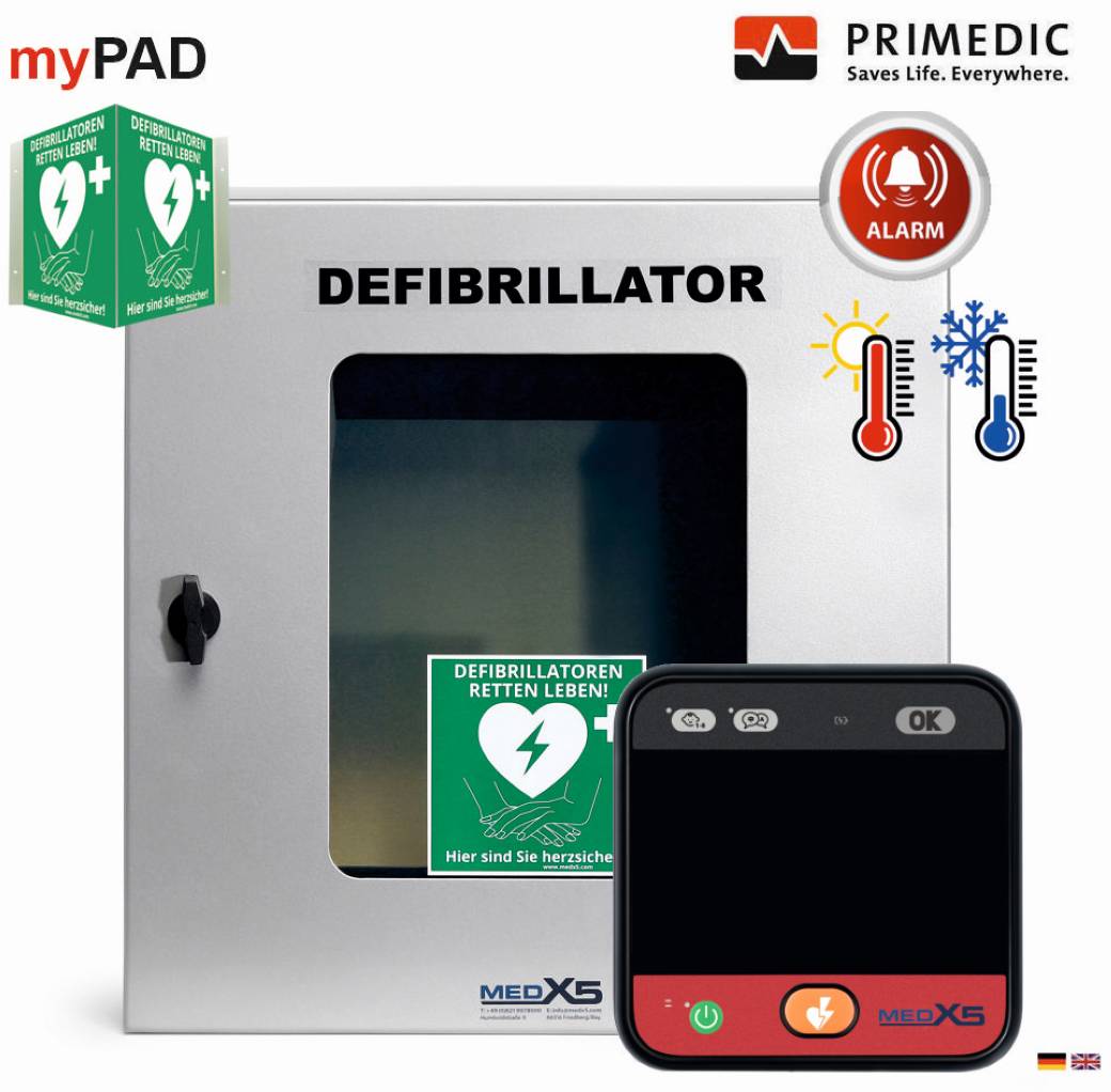 MEDX5 myPAD-M mit LCD-Bildschirm Tabliczka AED na zewnątrz z instrukcjami głosowymi, z ogrzewaniem, zawiera skrzynkę ści