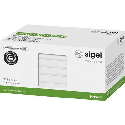 Opakowanie samoprzylepnych notatek Sigel, 6 paczek po 100 arkuszy, 125x75 mm, papier w 100% z recyklingu, z etykietą ekologiczną na boku.