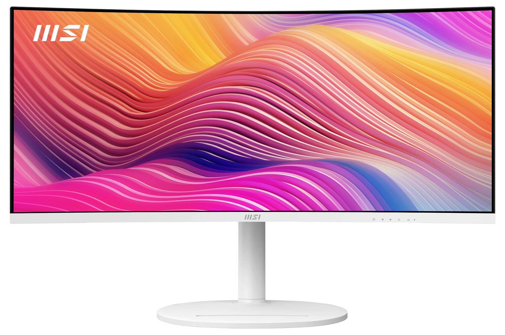 Zakrzywiony monitor MSI z żywym abstrakcyjnym wzorem fali w kolorach różowym, pomarańczowym i niebieskim na ekranie, wyświetlany na białym statywie.