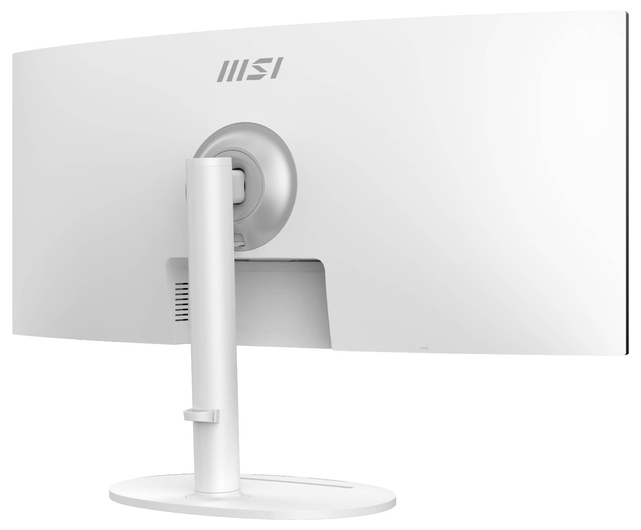 Biały zakrzywiony monitor komputerowy widziany od tyłu, pokazujący jego podstawkę i logo MSI z tyłu.