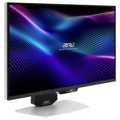 Monitor 'MSI MPG' posiada nowoczesny design z elegancką ramką. Wyświetlacz pokazuje kolorowy wzór fali z fioletowymi i niebieskimi kropkami.