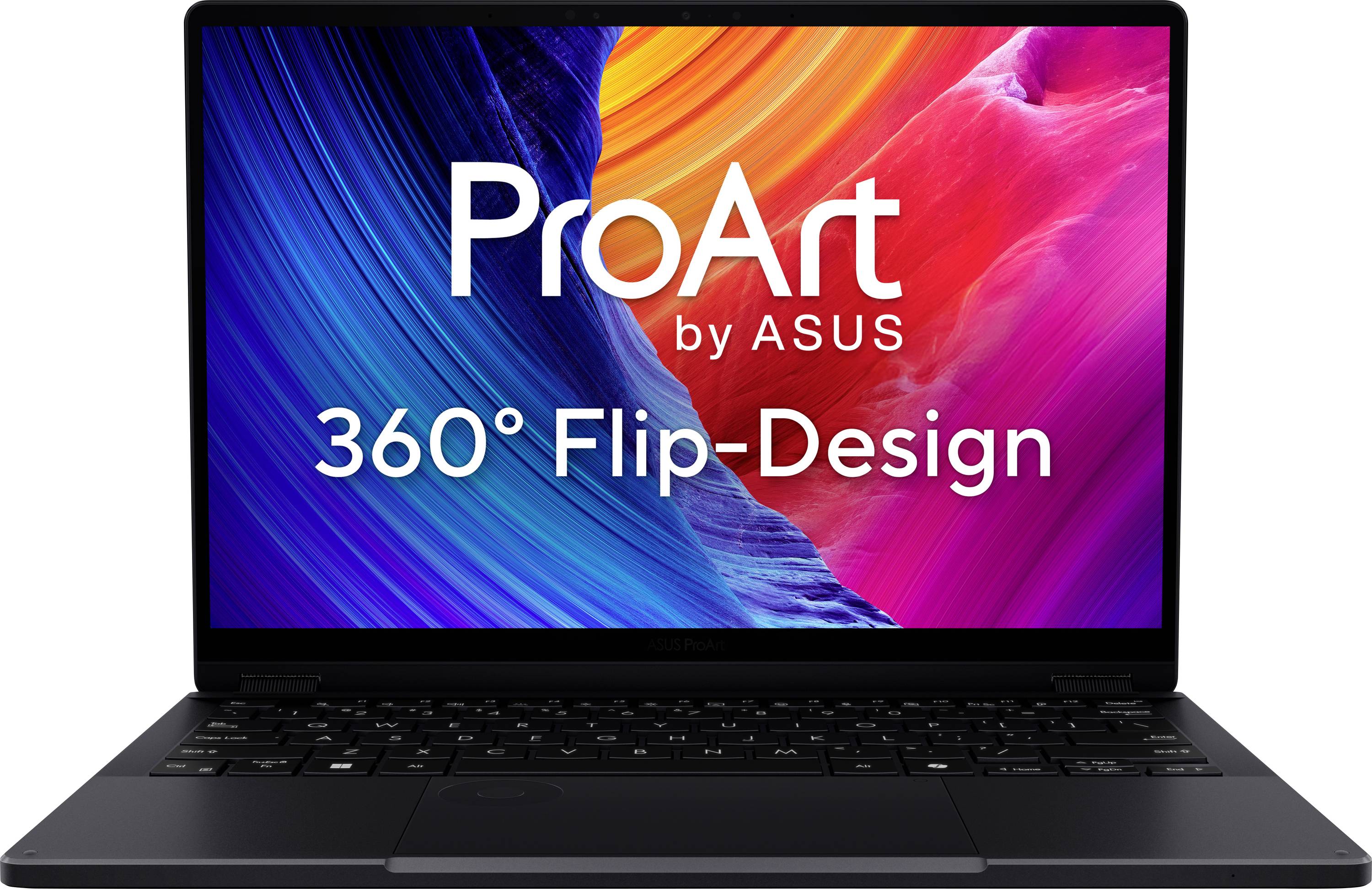 Laptop ASUS ProArt z projektem 360° flip na żywym wielokolorowym tle.