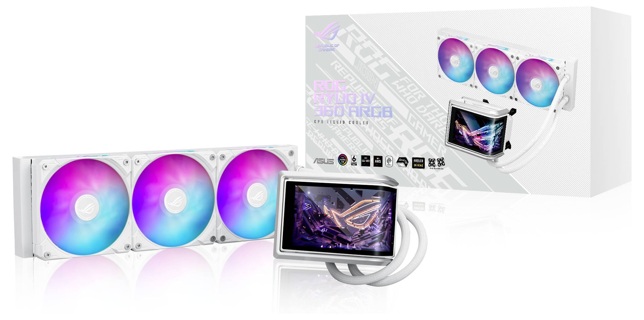 Pudełko chłodzenia procesora 'ROG Ryujin III White Edition' z wentylatorami RGB i ekranem wyświetlacza, prezentujące kolorowe oświetlenie i branding.