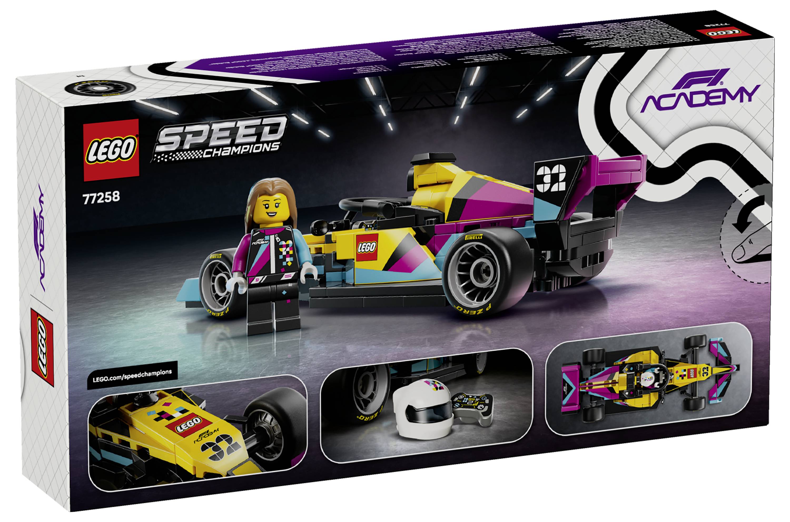 Pudełko LEGO Speed Champions ze złolorowym samochodem wyścigowym i figurką kierowcy z długimi włosami. Dodatkowe obrazy pokazują kask i szczegóły samochodu.