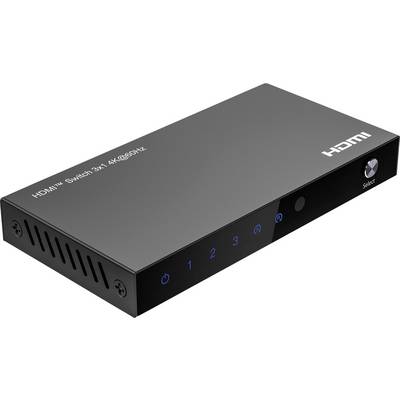Przełącznik HDMI 3x4 4K @ 60Hz z wskaźnikami zasilania i portów, obudową metalową i przyciskiem wyboru.