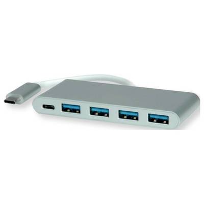 Srebrny hub USB z złączem USB-C i czterema portami USB-A, przeznaczony do podłączania wielu urządzeń do jednego komputera.