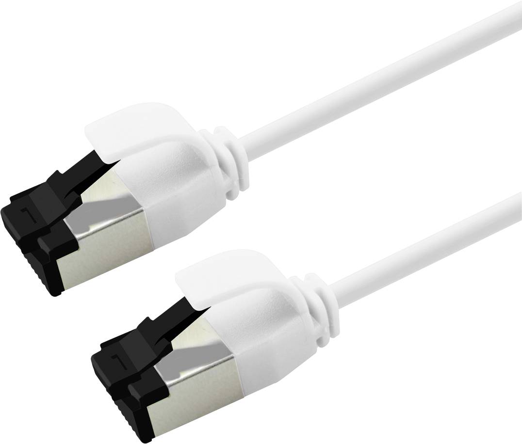 Dwa białe kable Ethernet z czarnymi złączami na białym tle.