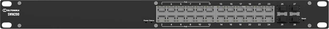 Przedni panel przełącznika sieciowego 1U z 24 portami Ethernet, diodami LED stanu i portami wewnętrznego połączenia po prawej stronie.