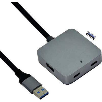 Kwadratowy hub USB z czterema portami i podłączonym kablem USB, prezentujący opcje łączności.