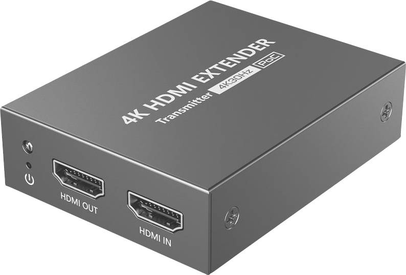 Przedłużacz HDMI 4K z portami HDMI Out i HDMI In, oznaczony jako Transmitter 4K30Hz PCI, przedstawiony w obudowie metalowej.