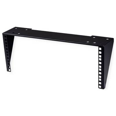 Czarna metalowa wspornika montażowa do szafy rack z perforowanymi bokami do montażu sprzętu elektronicznego, odpowiednia do organizacji urządzeń w szafach serwerowych.