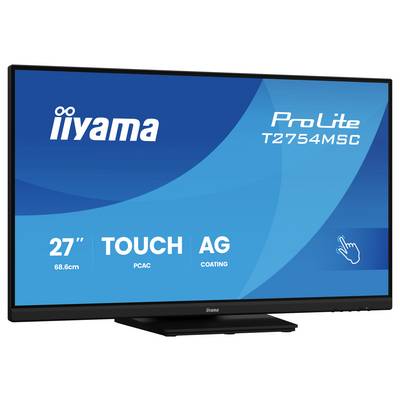 Monitor z ekranem dotykowym 'iiyama ProLite T2754MSC', 27 cali, powłoka antyodblaskowa, niebieski ekran z wyszczególnieniem szczegółów produktu na wyświetlaczu.