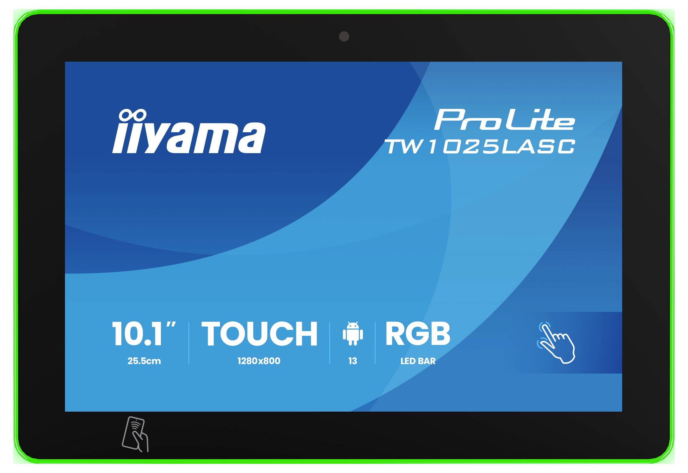 Ekran tabletu 'Iiyama ProLite TW1025LASG' z wyświetlaczem o rozmiarze '10,1" 25,6cm', rozdzielczością '1280x800', funkcją dotykową i paska LED RGB.