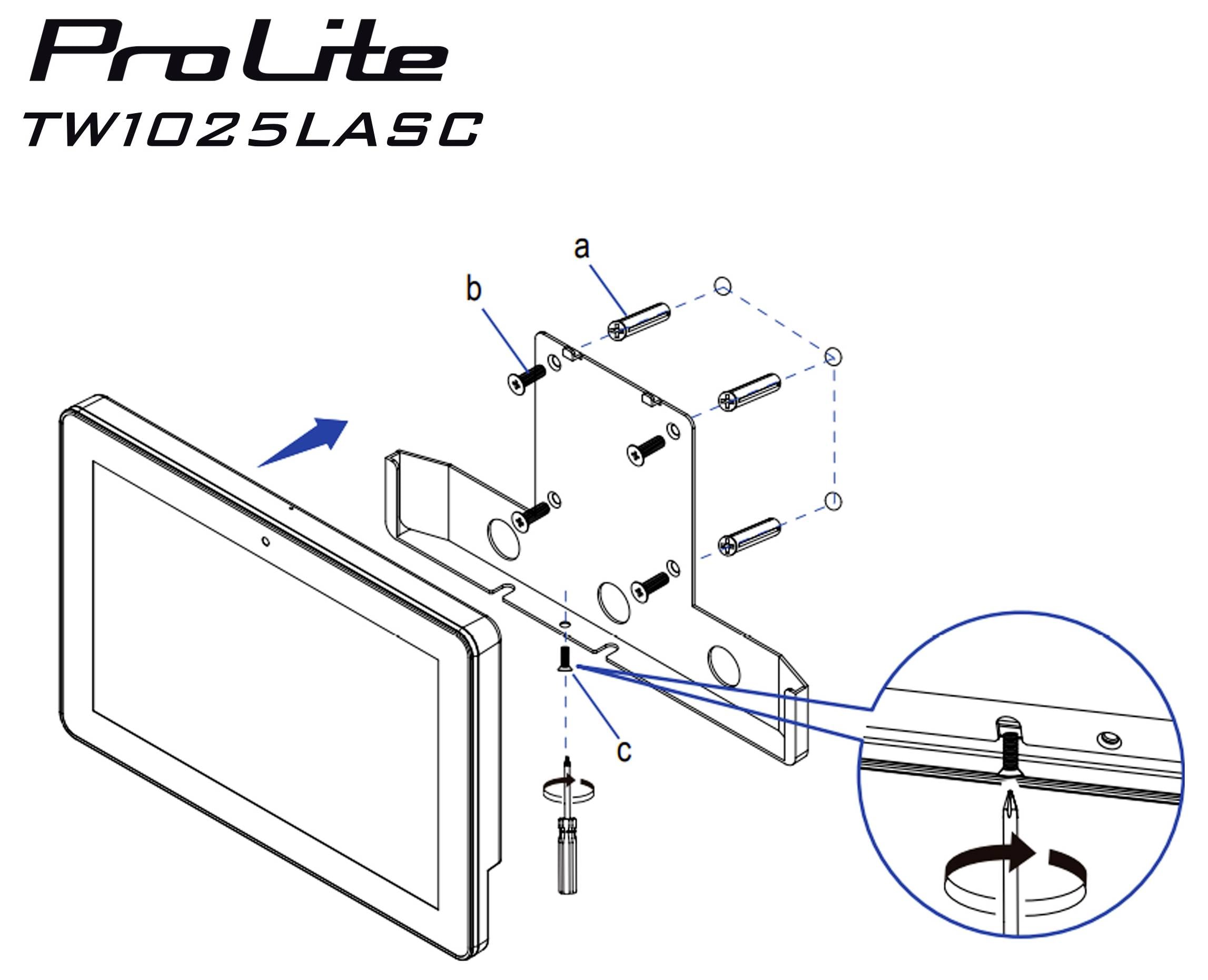 Diagram montażu ekranu 'ProLite' pokazuje przymocowanie ekranu do uchwytu ściennego za pomocą śrub 'a', 'b' i 'c'.