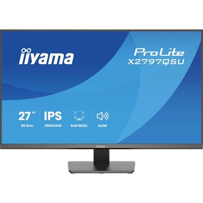 'Monitor wyświetlający etykietę iiyama ProLite X2797QSU ze specyfikacją: rozmiar 27", ekran IPS, rozdzielczość 2560x1440, cienka ramka, głośniki 2x2W.'