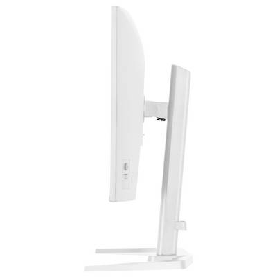 Widok z boku białego monitora komputerowego ze smukłym stojakiem, podkreślający jego cienką i elegancką konstrukcję.