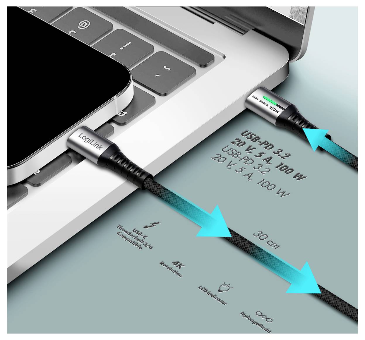 LogiLink USB-C Cable USB 3.2 Gen2x2 USB-C® male connector 0.30 m black with LED, 4K UHD, штекер з обох сторін CU0430