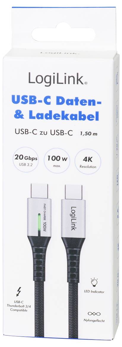 LogiLink USB-C Kabel USB 3.2 Gen2x2 Złącze męskie USB-C® 1.50 m czarny z LED, 4K UHD, wtyczka po obu stronach CU0433-5